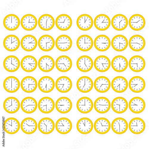 Yellow Clocks Showing All 12 Hours at 15 Minute Intervals