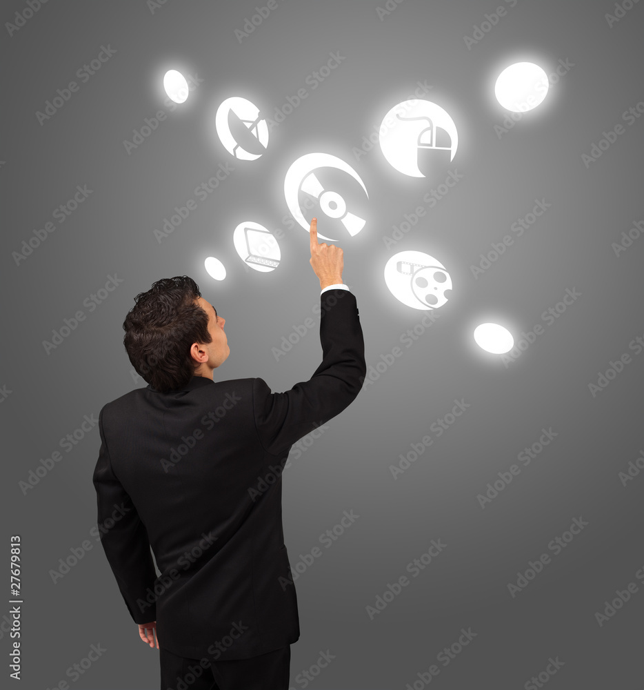 business man pressing touchscreen button business man pressing touchscreen button
