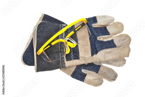 Worker Safety Glove And Goggles On White background