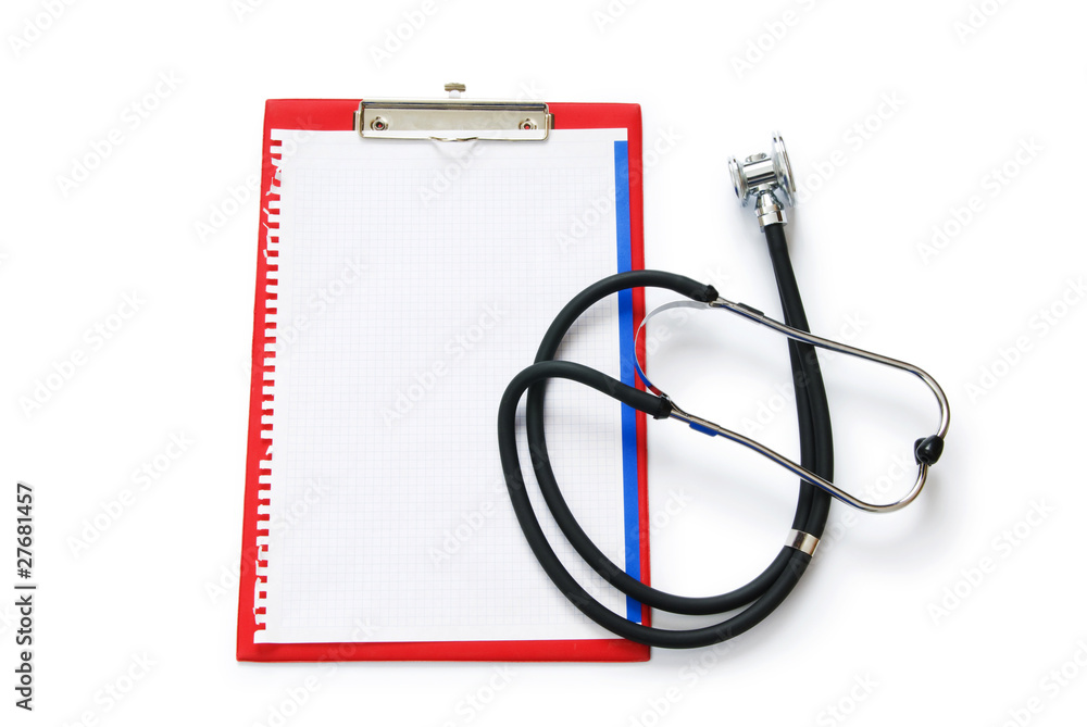 Stethoscope on the binder isolated on white Stethoscope on the binder isolated on white