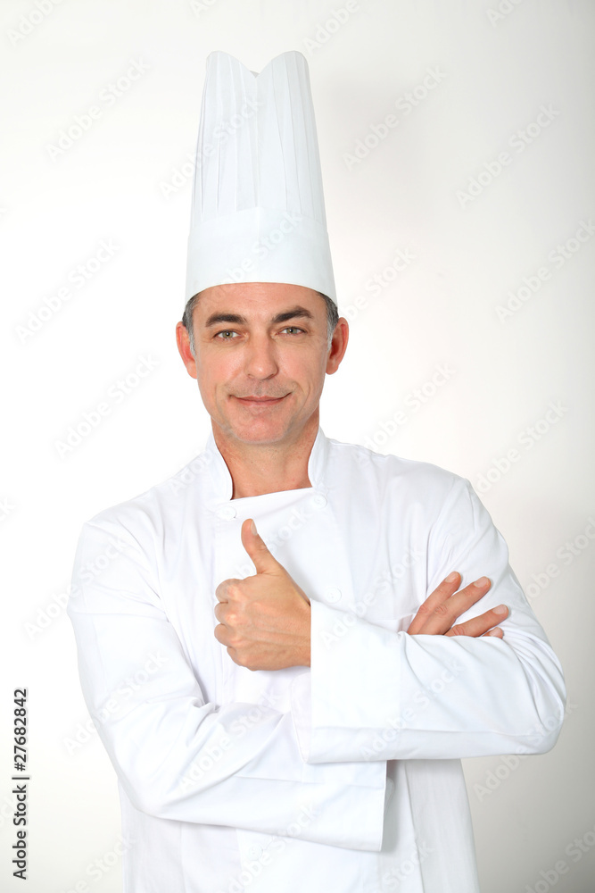 Clsoeup of standing chef on white background