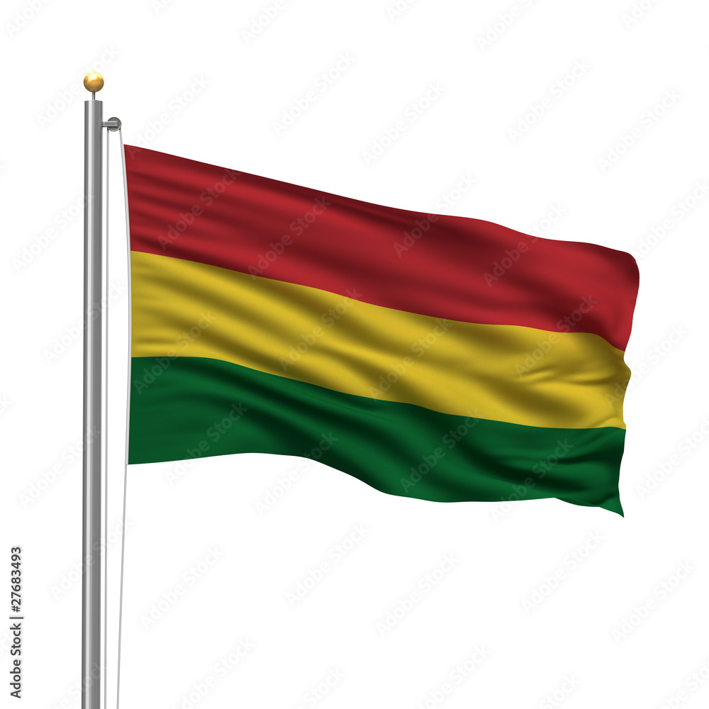 Fototapeta premium Flag of Bolivia waving in the wind in front of white background