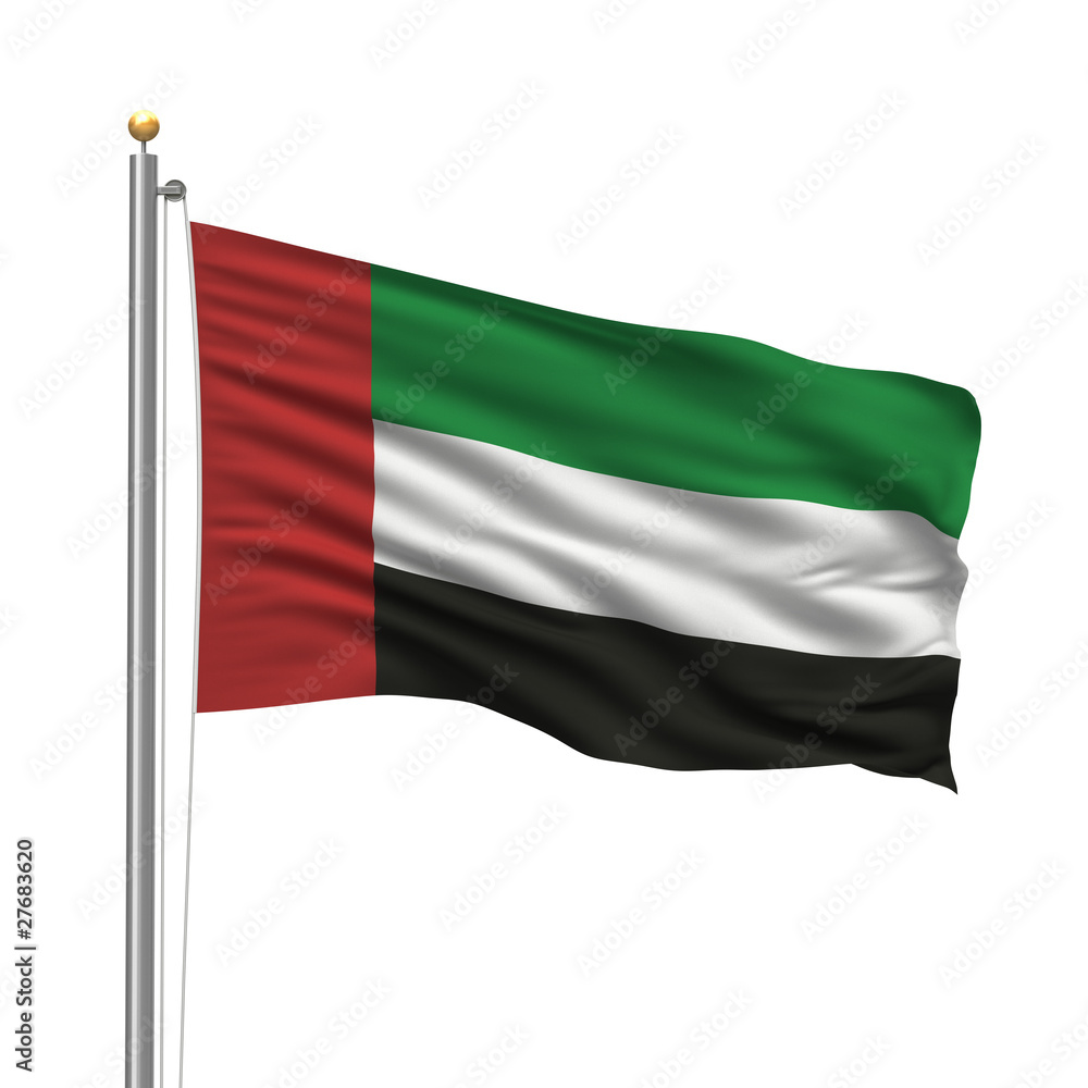 Flag of the United Arab Emirates waving in the wind over white Flag of the United Arab Emirates waving in the wind over white