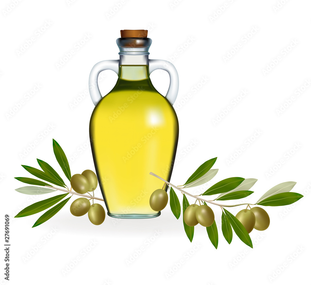 Green olives with bottle of olive oil. Vector illustration. Green olives with bottle of olive oil. Vector illustration.