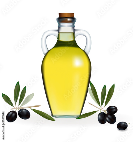 Vector illustration. Black olives with bottle of olive oil.