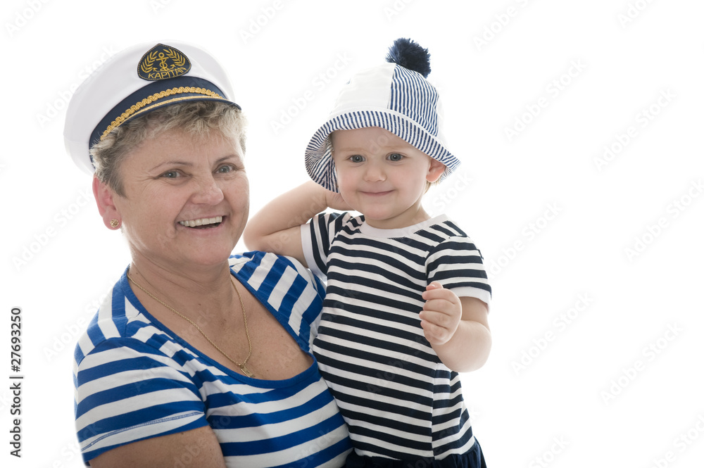 Captain woman in studio with baby Captain woman in studio with baby
