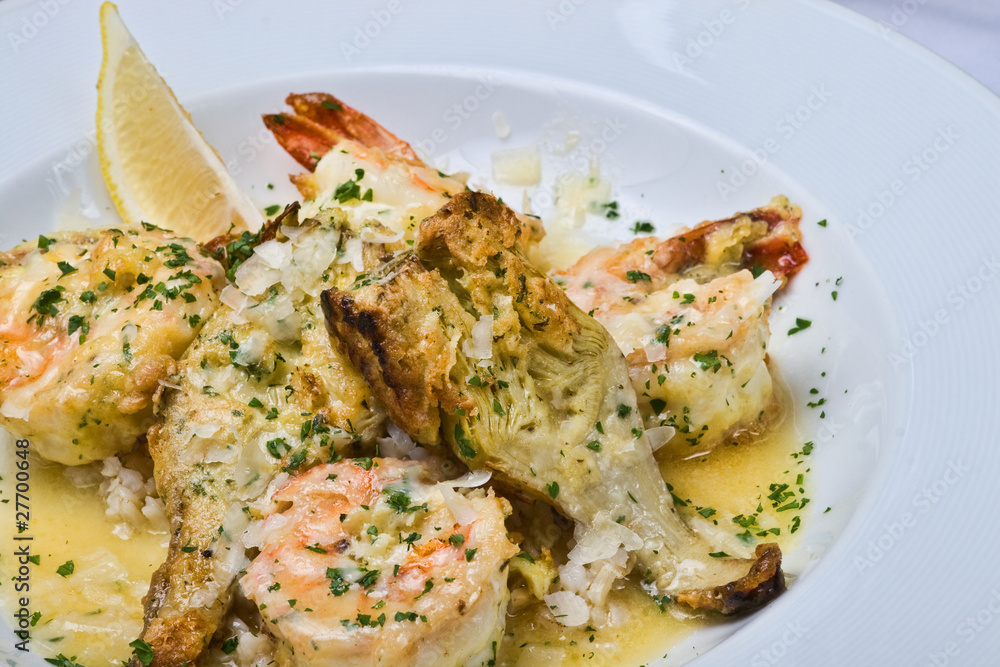 Shrimp and Artichoke with lemon in butter sauce