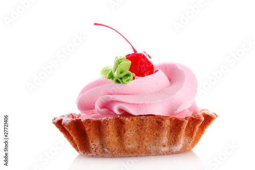 Pink cheesecake with maraschino cherry  on white