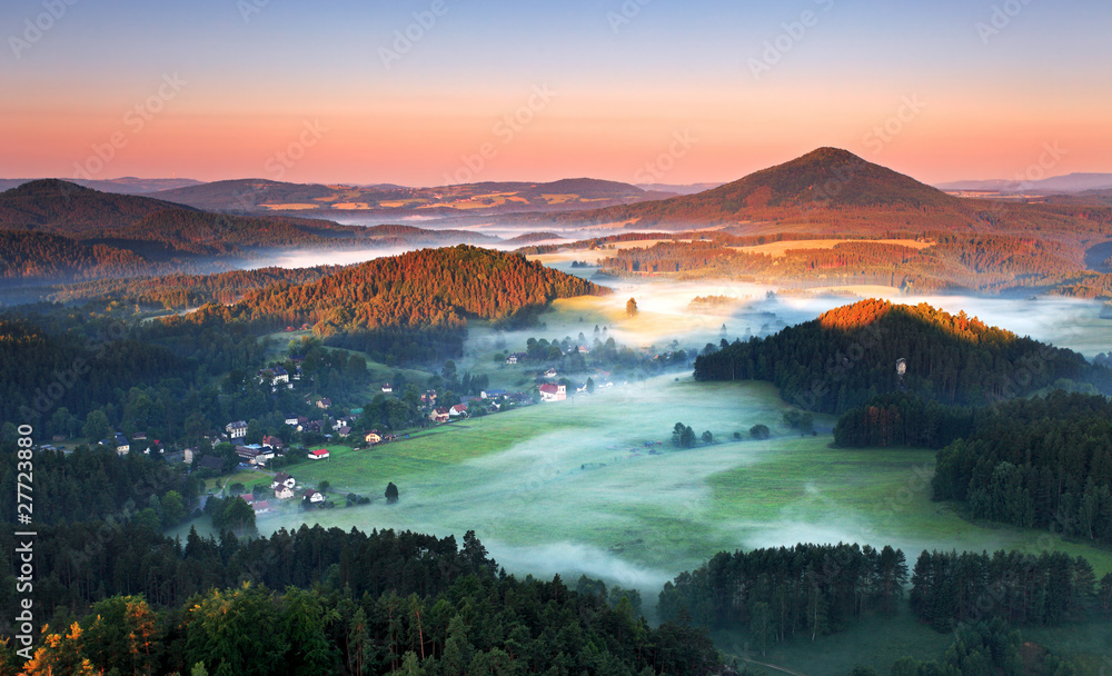 Misty morning - Sunrise in beautiful mountain Czech switzerland