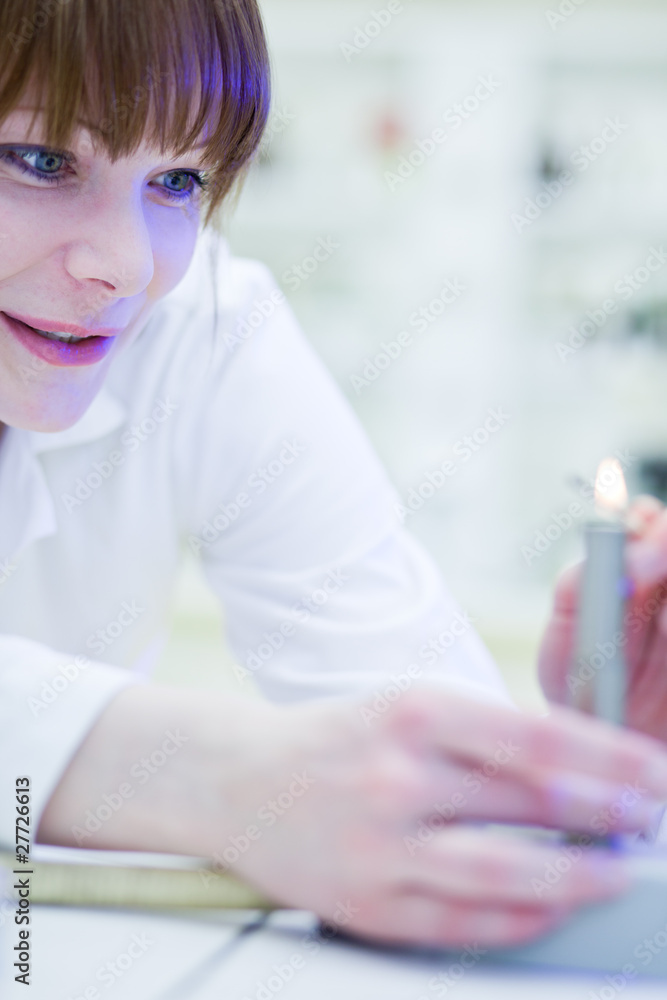 pretty, young female researcher lighting up a burner in a lab (s pretty, young female researcher lighting up a burner in a lab (s