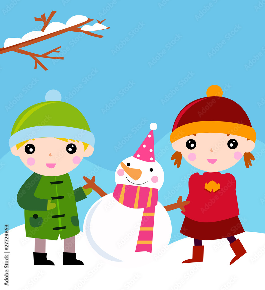 two children with snowman two children with snowman