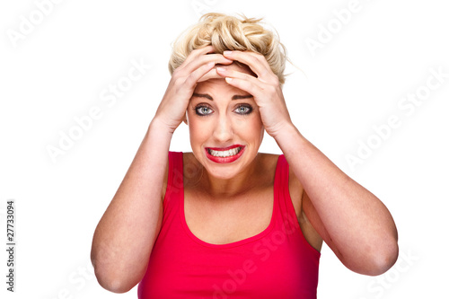 Fotografie Stress, Worry and Frustration - woman holding hands to head