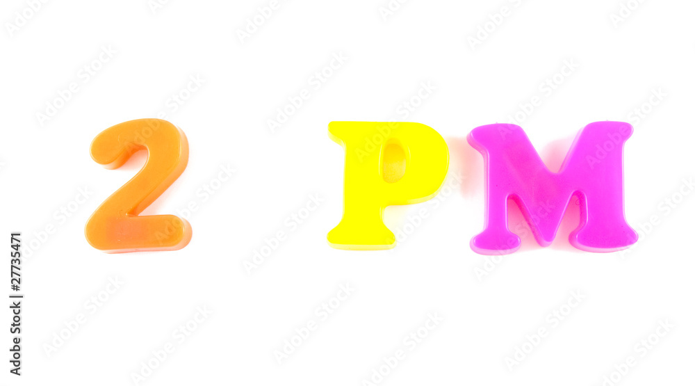 2 pm written in fridge magnets on white background 2 pm written in fridge magnets on white background