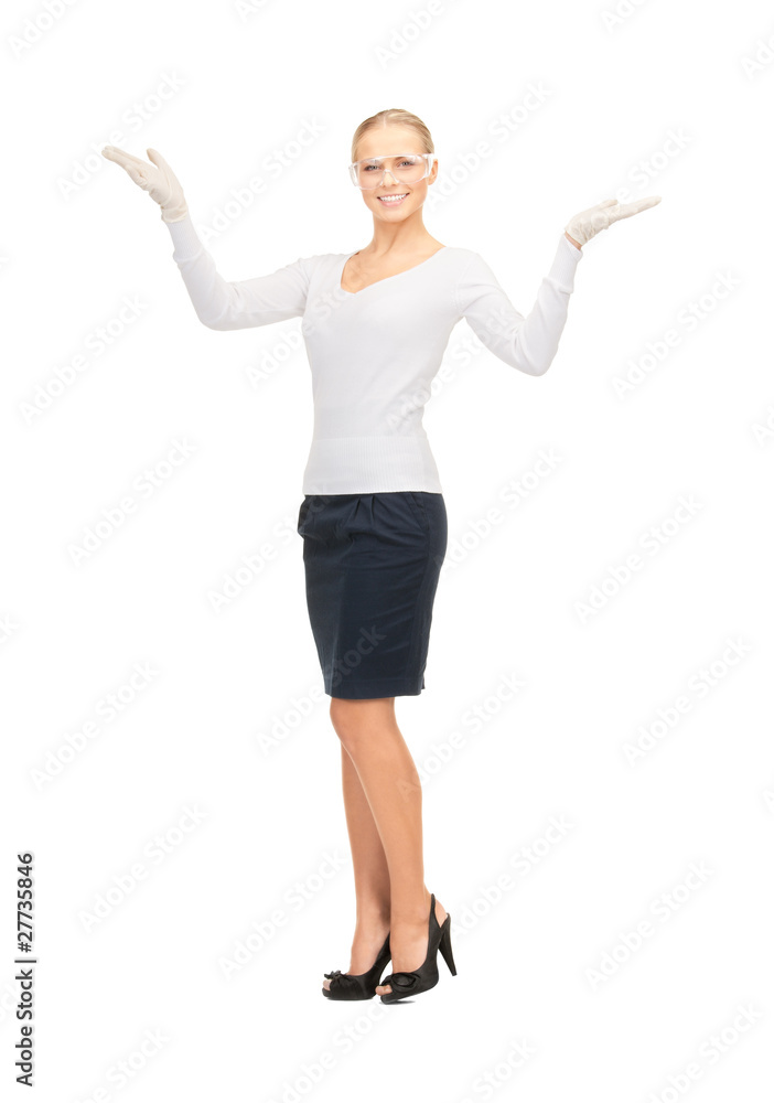 woman in protective glasses and gloves