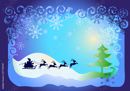 Santa Claus in sled with reindeers and tree