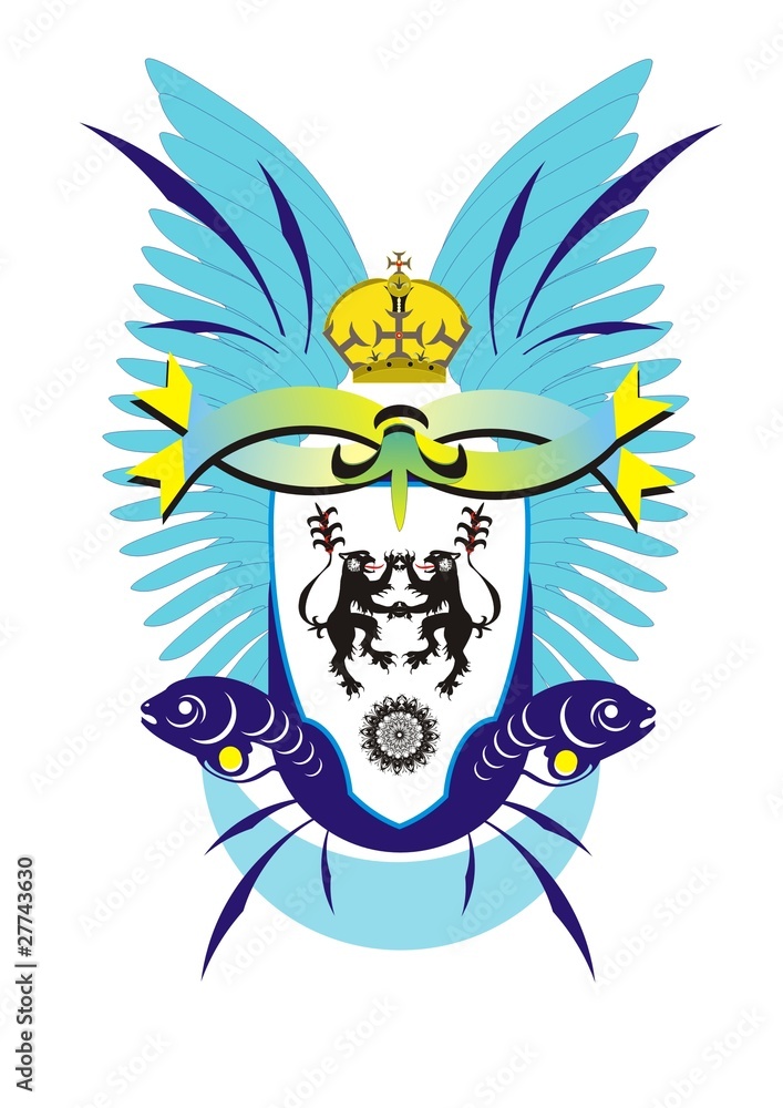 Coat of arms with lions, fishes, crown and blue wings