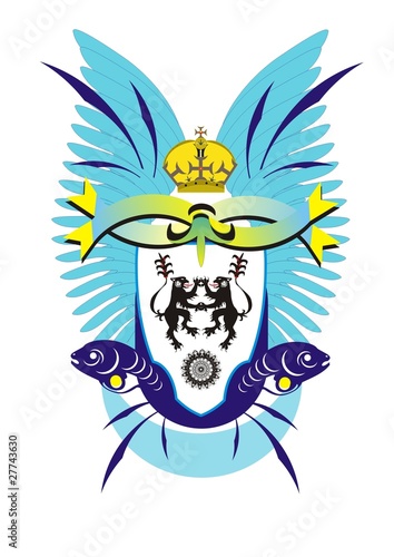 Coat of arms with lions, fishes, crown and blue wings