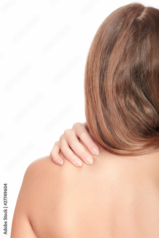 Woman massaging pain in her back, isolated on white background. Woman massaging pain in her back, isolated on white background.
