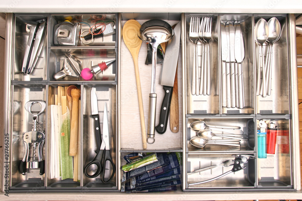 kitchen utensils drawer - obrazy, fototapety, plakaty 