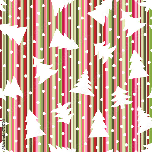 Seamless Christmas striped background with trees and snowballs
