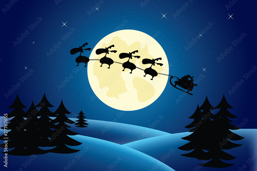 Naklejka premium illustration of santa and his reindeer riding over a forest