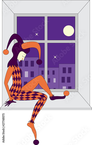 vector sad harlequin sleeping on windowsill