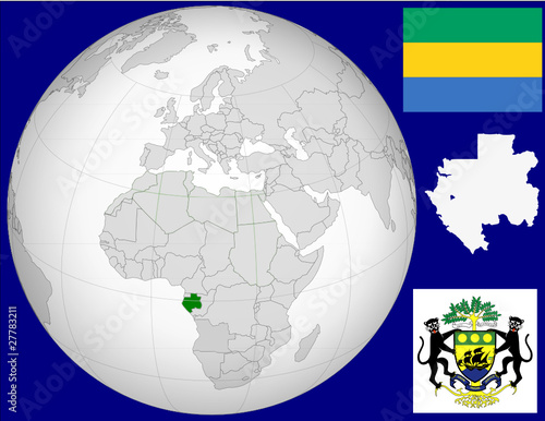 Gabon globe map locator world flag coat