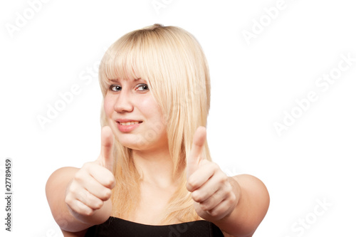 thumbs up of beautiful woman, on white background