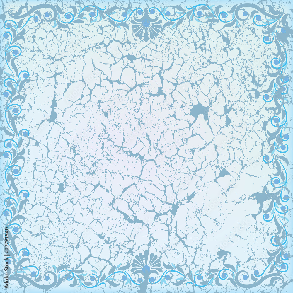 abstract cracked white background with blue floral ornament
