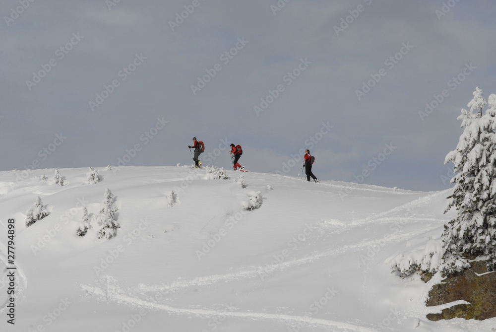 three friends moving up a hill with touring ski and snowshoes