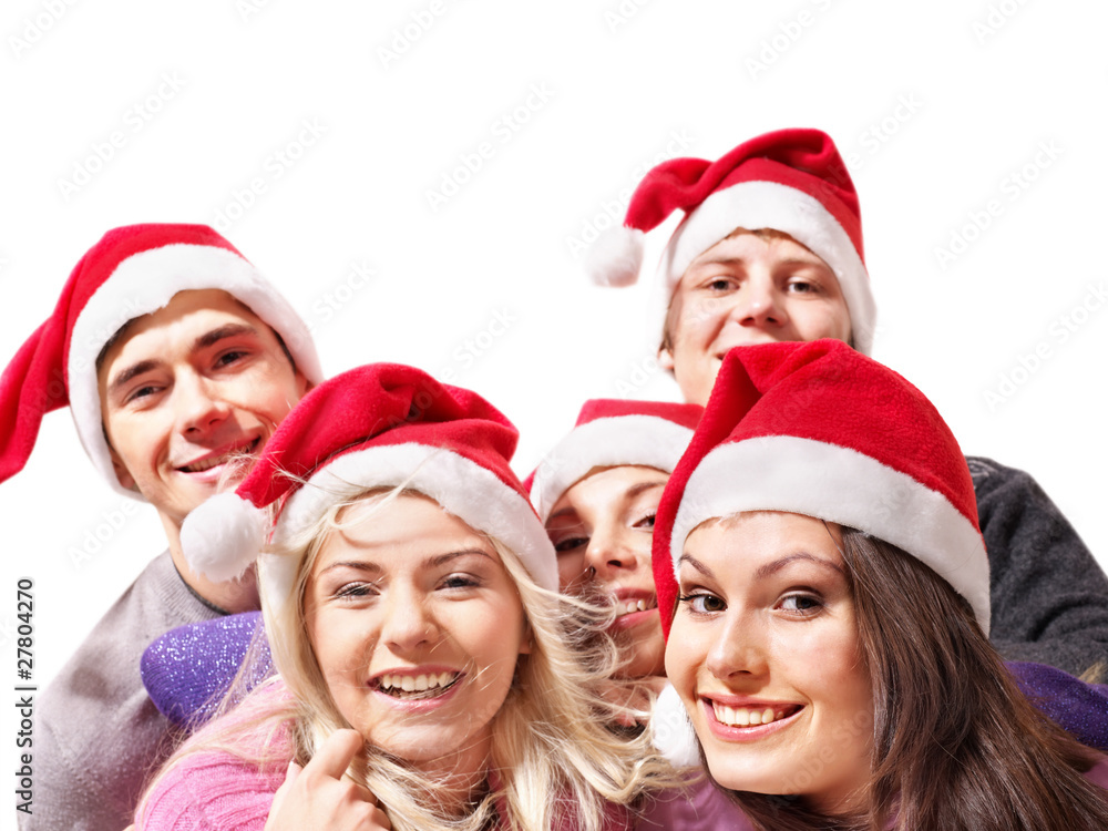 Group young people in santa hat . Group young people in santa hat .