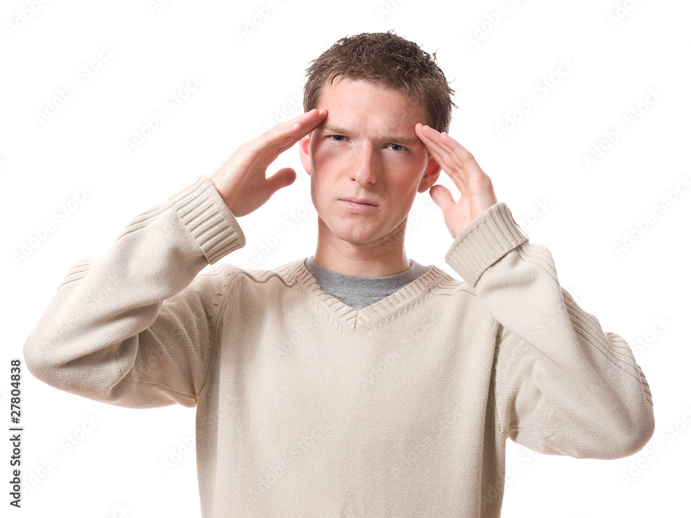 man with headache holding his head isolated over white man with headache holding his head isolated over white