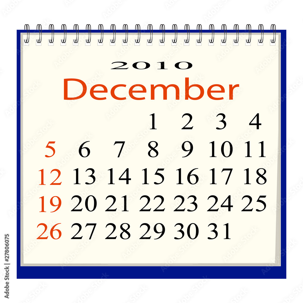 Vector image of a calendar for December, 2010 Stock Vector | Adobe Stock