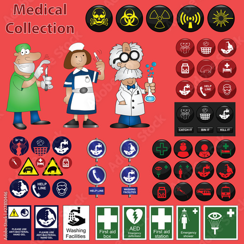 Medical related graphic collection including icons cartoons