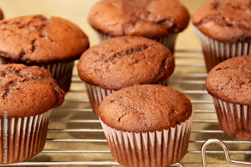 Chocolate cupcakes on cooling rack Chocolate cupcakes on cooling rack