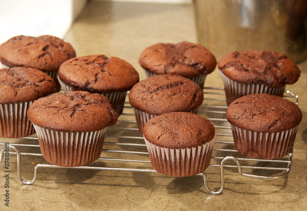 Chocolate cupcakes on cooling rack Chocolate cupcakes on cooling rack