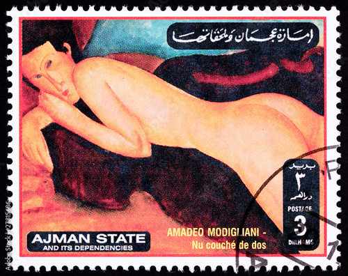Ajman Stamp Painting Amadeo Modigliani Reclining Nude Woman photo