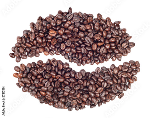 Coffee beans in a shape of single coffee bean isolated on white