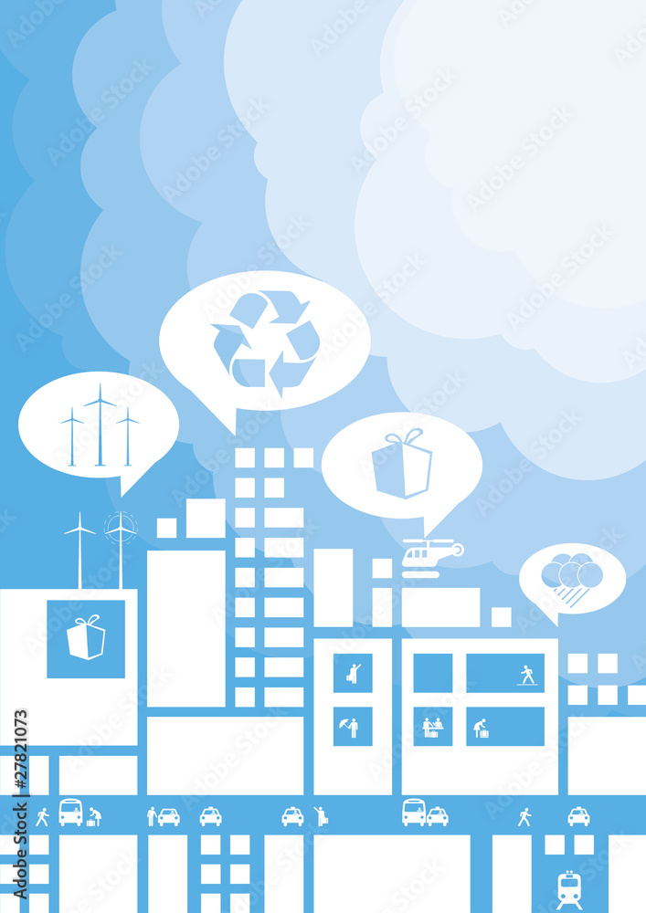 Eco town vector background with clouds