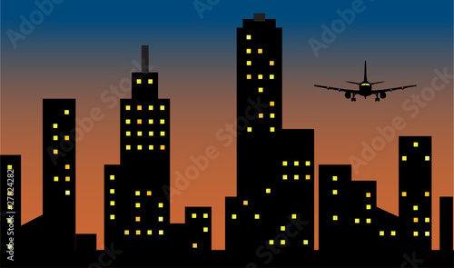 flight arrive over the city at sunrise
