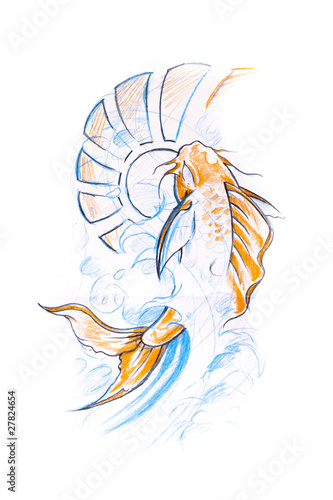 Tattoo art, sketch of a japanese fish