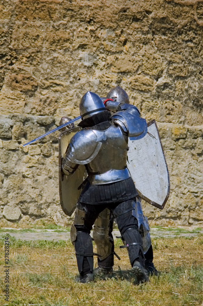 Medieval european knights fighting near citadel wall Medieval european knights fighting near citadel wall
