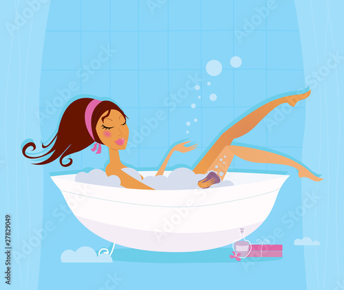 Time to relax: cute woman in bubble bath. VECTOR