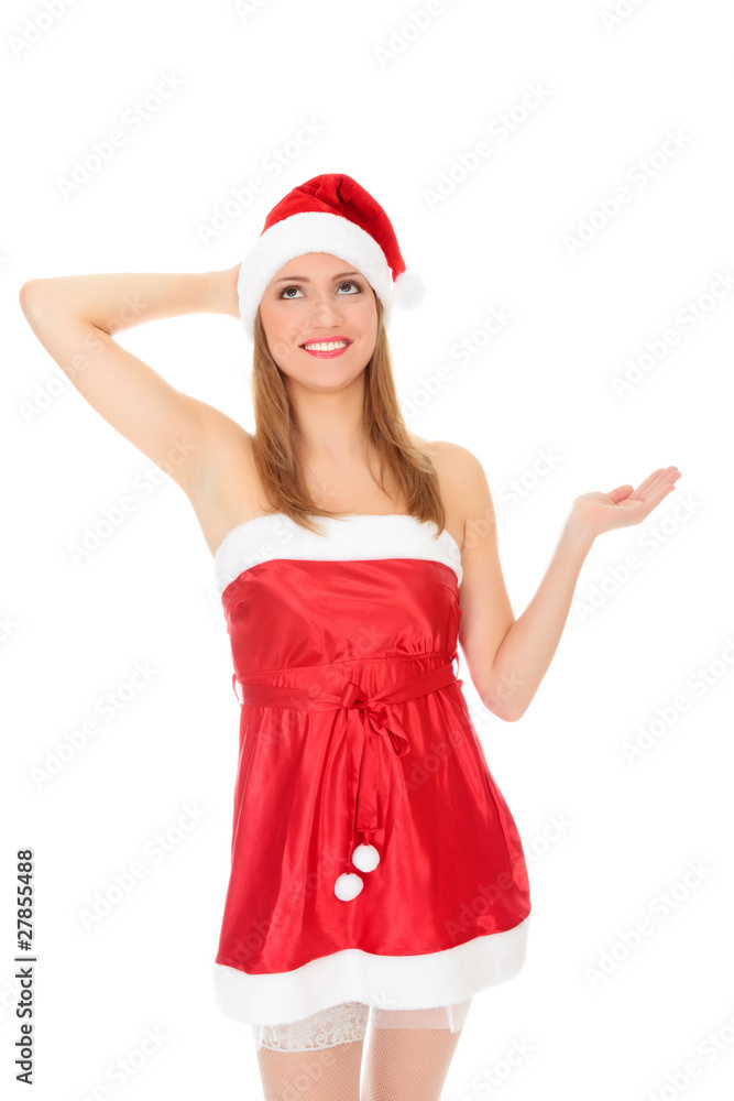 Pretty girl wearing red Christmas hat and dress Pretty girl wearing red Christmas hat and dress