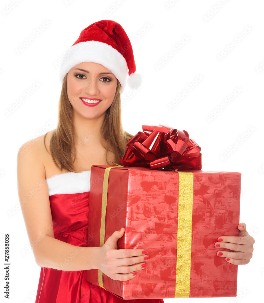 Cheerful santa helper girl with big gift box.