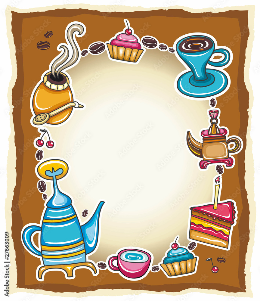 Frame with coffee, tea, cake, yerba mate symbols Frame with coffee, tea, cake, yerba mate symbols