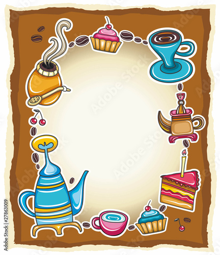 Frame with coffee, tea, cake, yerba mate symbols