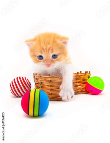 Red kitten in a wattled basket with multi-colored balls