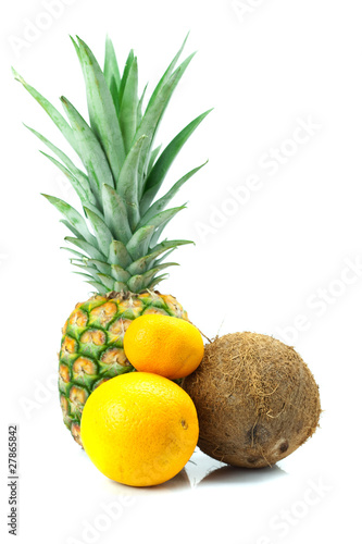 pineapple, mandarin, orange and board isolated on white