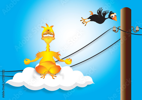 Chicken making yoga and levitate on a cloud
